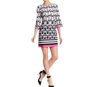 Eliza J Geometric black and white print with pink accents/shift dress size 6